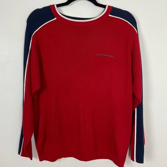 Calvin Klein Men’s Y2K Red White Blue Ribbed Knit Sweater Casual Cozy Large - Picture 1 of 12